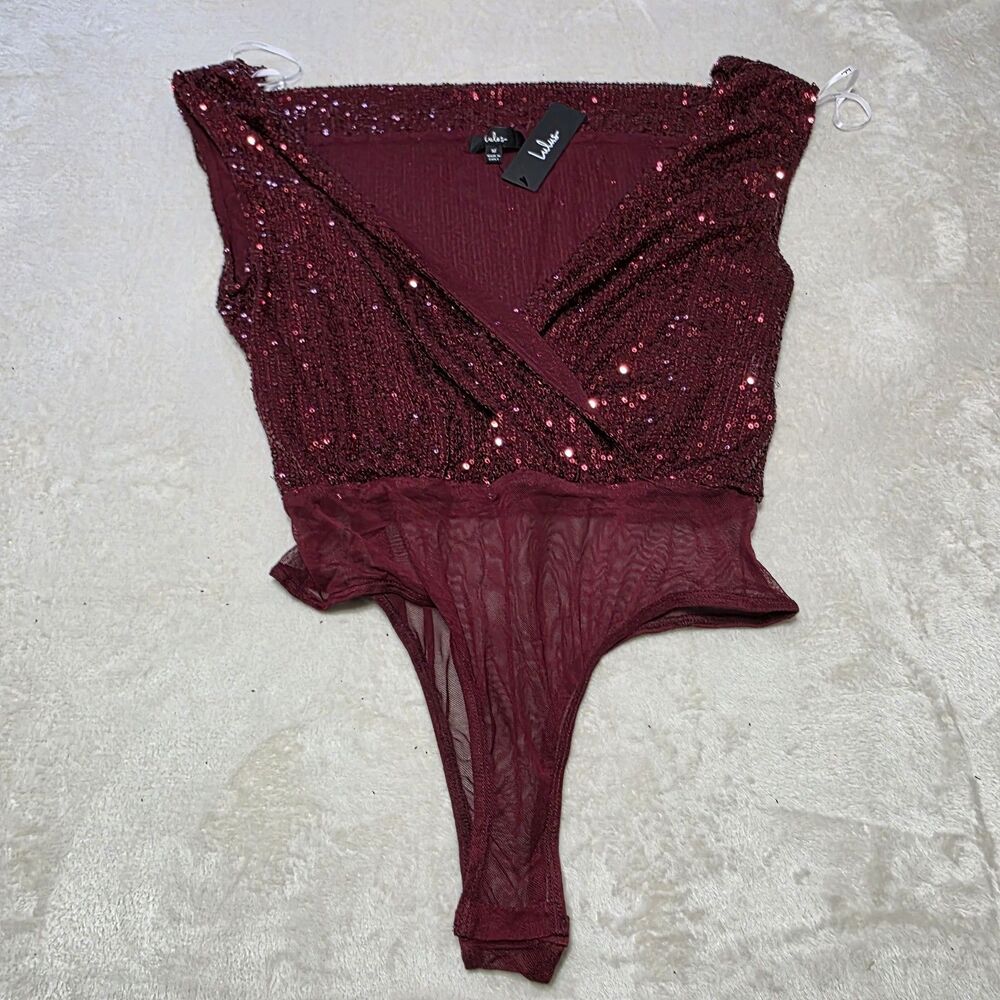 Lulus Bodysuit Evening of Wonder Sz Medium Shiny Burgundy Sparkly Sequin Holiday